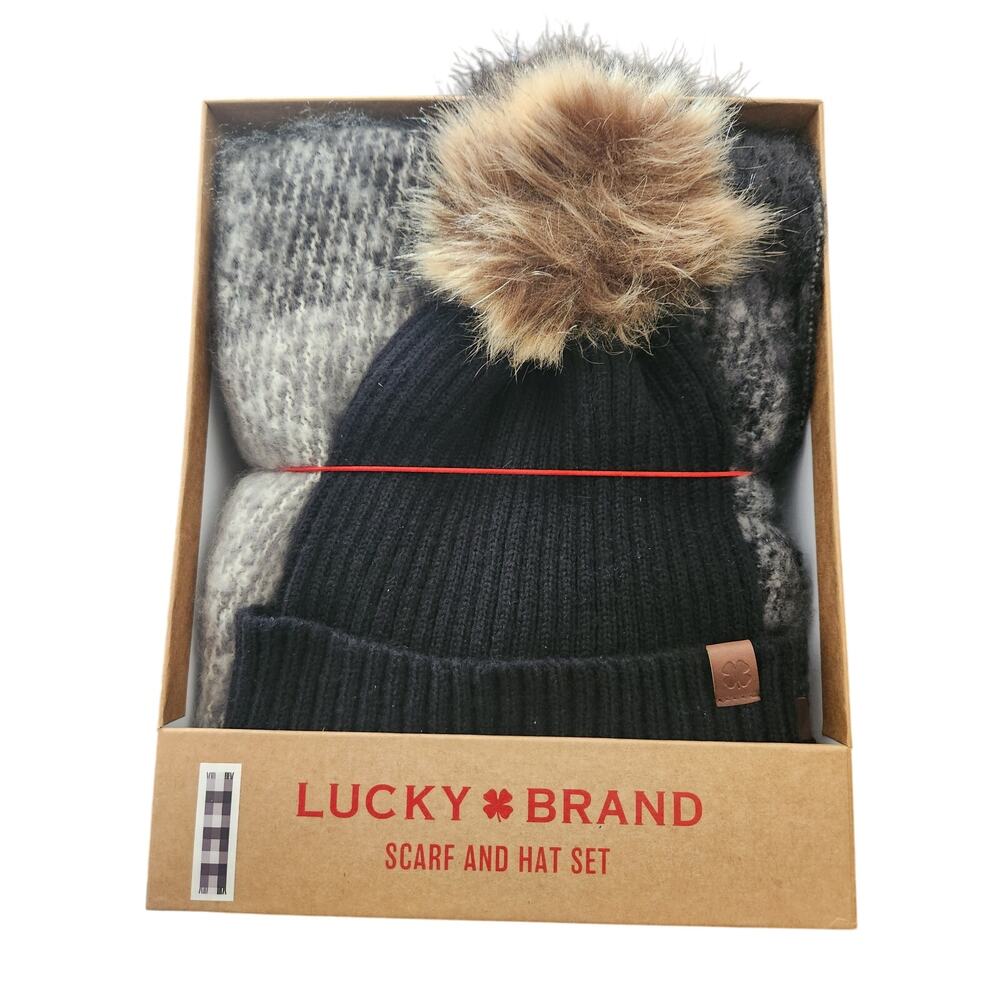 Lucky Brand Scarf and Hat Set Black Knit Pom Beanie Plaid Scarf Gift Box
